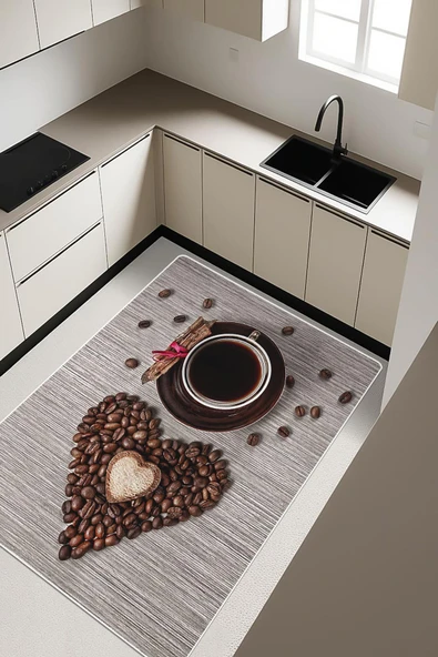 Kahve Fincanı Desenli Dijital Baskı Kaymaz Taban Mutfak Halısı H0057 Renkli 120 X 180 ürün görseli 1