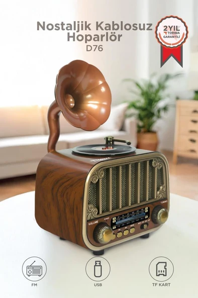 Bluetooh Hoparlör Nostaljik Radyo AUX USB TF Destekli Speaker D76 Ahşap ürün görseli 1