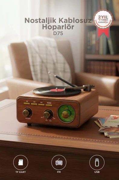 Bluetooth Hoparlör Plak Görünümlü Nostaljik Kablosuz Wireless Speaker D75 Ahşap ürün görseli 1