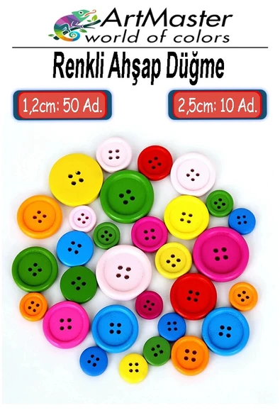 Renkli Ahşap Düğme 60 Adet 1 Paket Sanat Etkinlik Okul Kreş Anasınıfı 1.2cm 50 Adet 2.5cm 10 Adet Süsleme Düğmesi ürün görseli 1