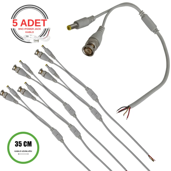 Profesyonel BNC + DC Power Jack Pigtail Kablo 35CM – 5 Uçlu Hazır Kamera Bağlantı Seti – CCTV Güvenlik Sistemi İçin - 5 Adet ürün görseli 1