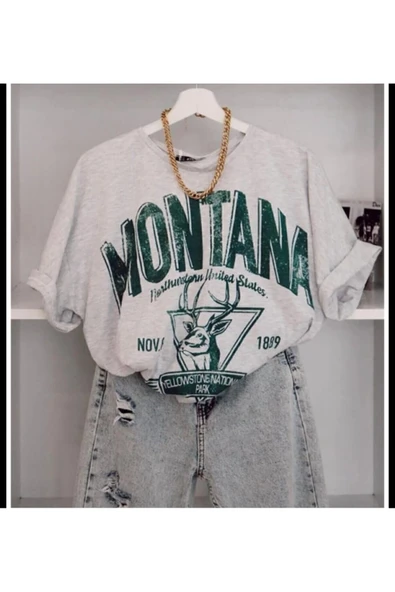 KOZİA OUTDOORS gri montana baskılı oversize t-şhirt ürün görseli 1