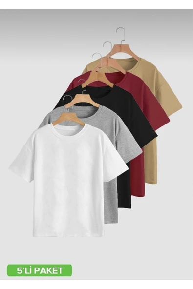 JAKARLI 5’li Paket Oversize Beyaz Gri Siyah Bordo Bej T-shirt ürün görseli 1