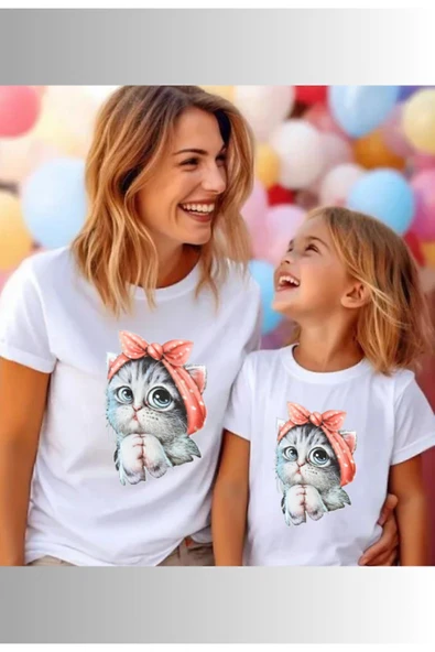MATK MODASI Anne ve Kız Şirin kedi Baskılı Tshirt (KOMBİN YAPMAK İÇİN 2 ÜRÜN EKLEYİN), trend moda tişört ürün görseli 1