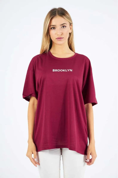 Moda Işık Spor T-shirt Yuvarlak Yaka Baskılı Bordo Renk ürün görseli 1