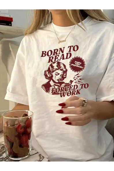 Oldeys Y2k  Beyaz Born to Reat Baskılı Oversize T-Shirt ürün görseli 1