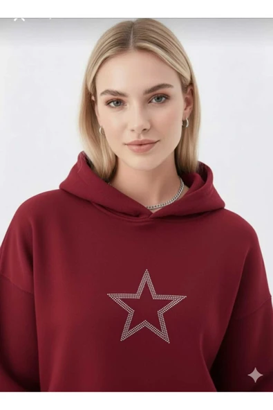 blackbonds 2 İplik Kalın Şardonlu Yıldız Taş Baskılı Oversize Hoodie ürün görseli 1