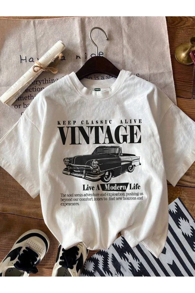 Alviora Newon Beyaz Vintage Baskılı T-shirt ürün görseli 1