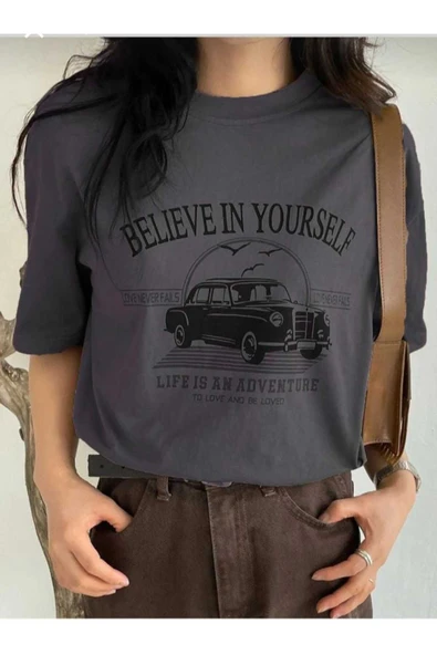 KOZİA OUTDOORS belıeve ın yourself baskılı oversize basic unisex tişört ürün görseli 1