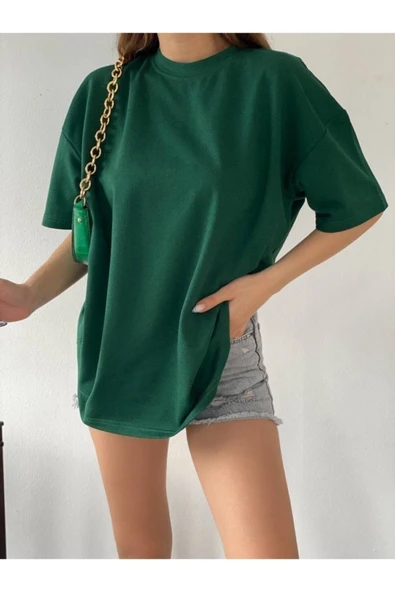 JAKARLI Unisex Zümrüt Yeşili Bisiklet Yaka Pamuk Oversize Boyfriend T-shirt ürün görseli 1