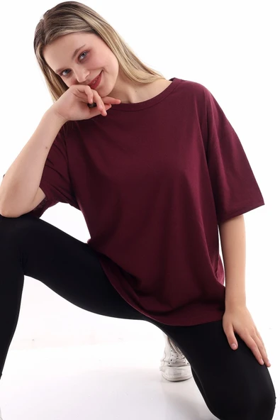 JAKARLI Unisex Pamuk Bisiklet Yaka Bordo Boyfriend Örme Oversize T-shirt ürün görseli 1