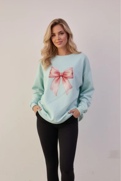 KOZİA OUTDOORS bisiklet yaka kadın fiyonk figürlü kadın oversize sweatshrt ürün görseli 1