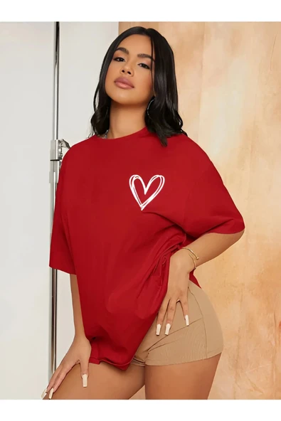AVOGADRO Minimal Kalp Baskılı Beyaz Oversize Tshirt ürün görseli 1