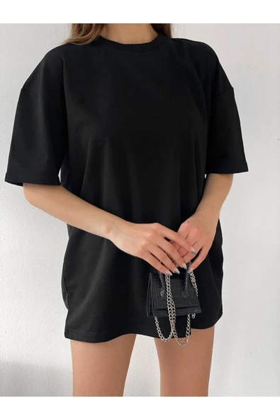 JAKARLI ON THE LİFE Unisex Pamuk Siyah Bisiklet Yaka Oversize Boyfriend T-shirt ürün görseli 1