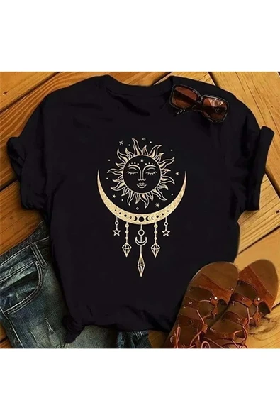 Amazon Ev Ay Güneş Baskılı  Siyah Tshirt ürün görseli 1