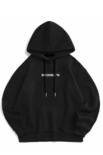 LEONE Siyah Broklyn Baskılı Oversize Kapüşonlu Swetshirt ürün görseli 1
