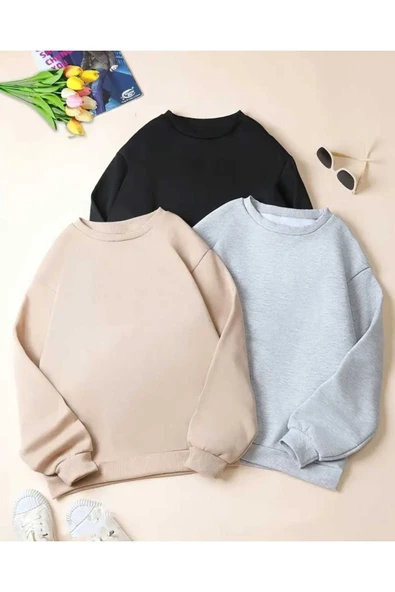 blackbonds 3lü kombin rekler baskısız basic bisiklet yaka sweatşhirt ürün görseli 1