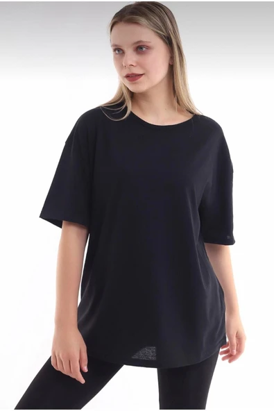 JAKARLI Unisex Pamuk Bisiklet Yaka Boyfriend Siyah Örme Oversize T-shirt ürün görseli 1