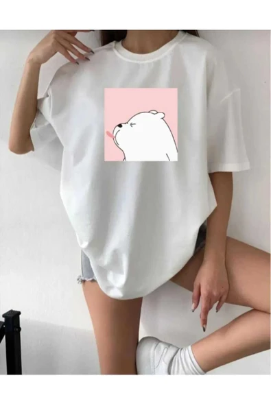 KOZİA OUTDOORS malkoçbey sevimli ayı baskılı oversize basic t-şhirt - Resim 7