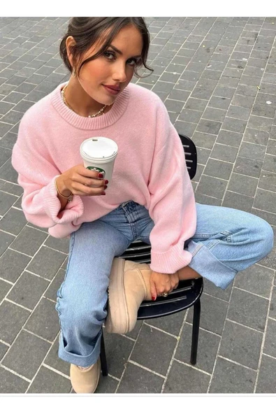 KOZİA OUTDOORS Rahat Kalıp Bisiklet Yaka Kadın Triko Kazak Pembe Oversize Basic Model ürün görseli 1