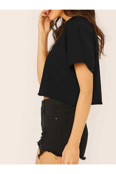 Seyyar Crop Bisiklet Yaka Örme T-shirt - Resim 3