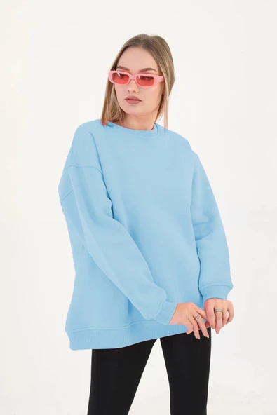 batı Bebe Mavisi Bisiklet Yaka Oversize Sweetshirt ürün görseli 1