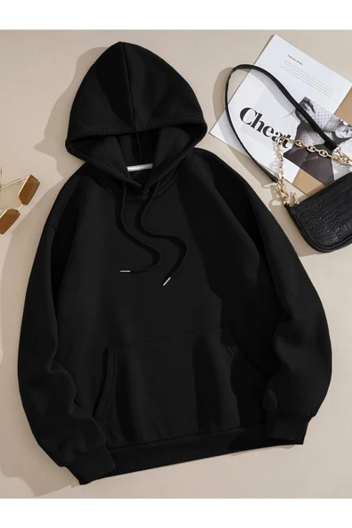 MANCY Unisex Siyah Düz Renk Kapüşonlu Sweatshirt ürün görseli 1