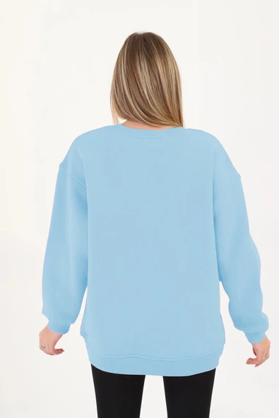 batı Bebe Mavisi Bisiklet Yaka Oversize Sweetshirt - Resim 2