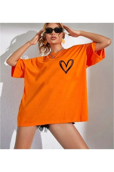 KOZİA OUTDOORS oranj kalp baskılı oversize t-şhirt ürün görseli 1