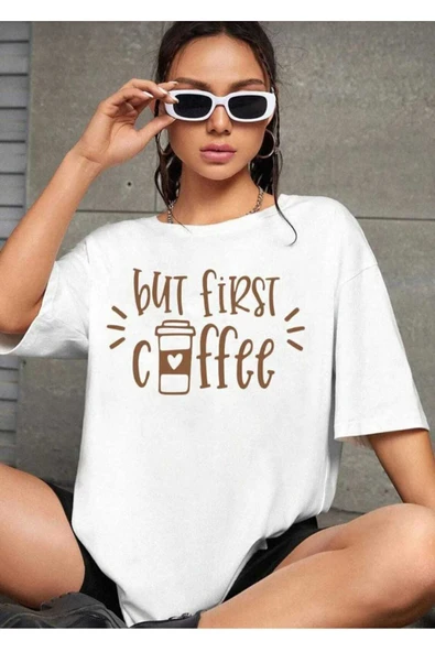 KOZİA OUTDOORS but first coffee baskılı overize basic o yaka t-şhirt ürün görseli 1