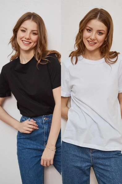 lona fashion Kadın Siyah Ve Beyaz 2'li Paket Bisiklet Yaka Pamuklu Oversize T-shirt Lkr10242 ürün görseli 1