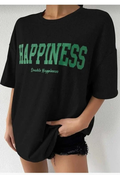KOZİA OUTDOORS Happiness Yazı Baskılı Rahat Kalıp Oversize Tişört ürün görseli 1
