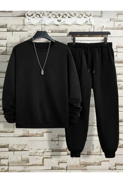 KOZİA OUTDOORS MALKOCBEY Basic Düz Eşofman Takımı Sweatshirt Jogger - Siyah Oversize Şardonlu Bisiklet Yaka ürün görseli 1