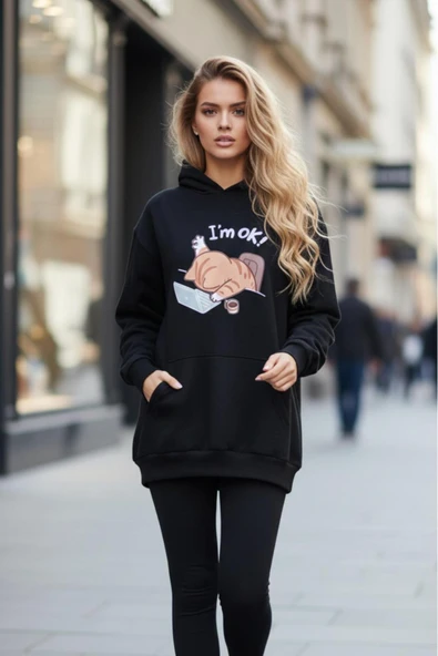 KOZİA OUTDOORS I'M OK ! baskılı oversize kadın bisiklet yaka sweatşhirt ürün görseli 1