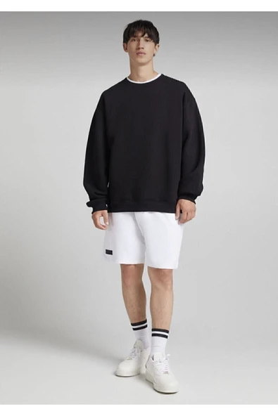Behalf Impavido Pamuklu Unisex Oversize Basic Beyaz Bisiklet Yaka Sweatshirt - Resim 2