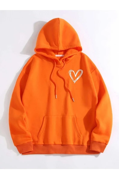 MANCY Unisex Turuncu Kalp Baskılı Kapüşonlu Sweatshirt ürün görseli 1