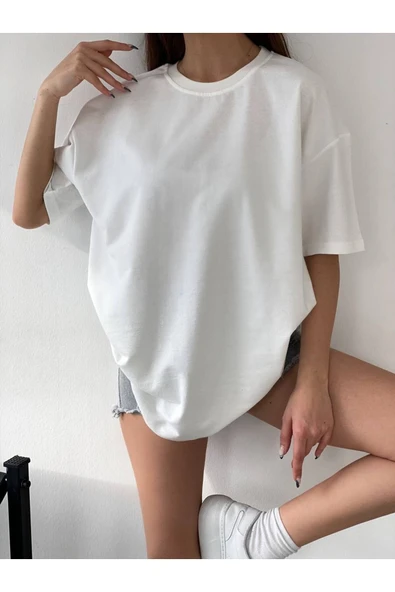 JAKARLI J Beyaz Ince Unisex Pamuk Bisiklet Yaka Boyfriend Örme Oversize T-shirt ürün görseli 1