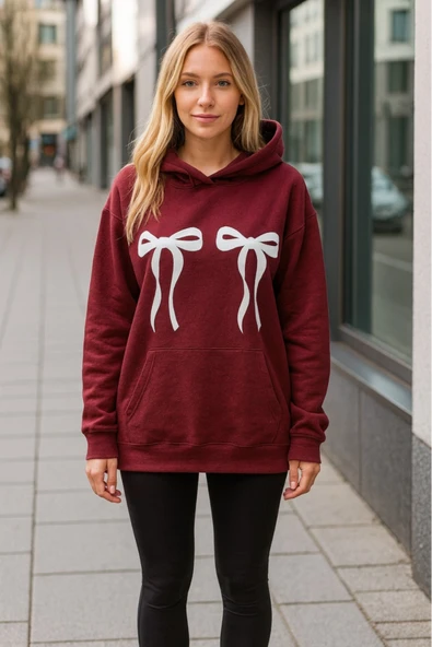 KOZİA OUTDOORS kurdela baskılı kadın kapuson basic swaetşhirt ürün görseli 1