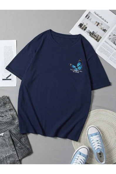 Doğannboss Kadın Lacivert Oversize Kelebek Ön Baskılı T-shirt ürün görseli 1