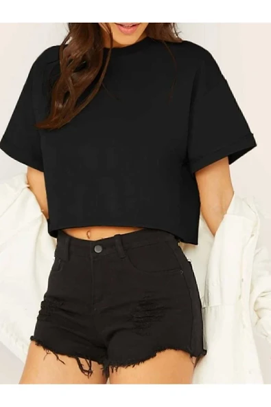 Seyyar Crop Bisiklet Yaka Örme T-shirt ürün görseli 1