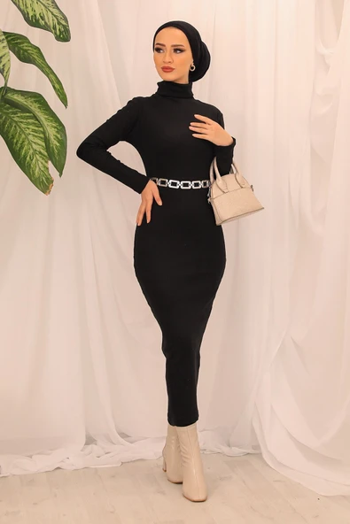 FK MODA Kadın Yarım Balıkçı Yaka Kalem Model Kaşkorse Kumaş Elbise Tesettür Uygundur Boy 135cm Kemersiz ürün görseli 1