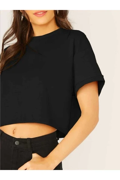 Seyyar Crop Bisiklet Yaka Örme T-shirt - Resim 2
