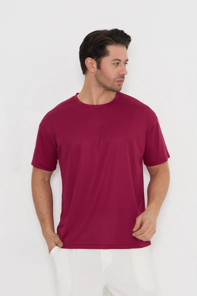 Moda Işık Spor T-shirt Erkek Bordo Renk Baskılı Yuvarlak Yaka ürün görseli 1