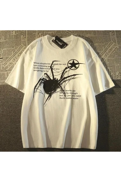 Gothicas Beyaz Unisex Y2k Streetwear Spider Örümcek Yumuşak Penye Oversize T-shirt ürün görseli 1