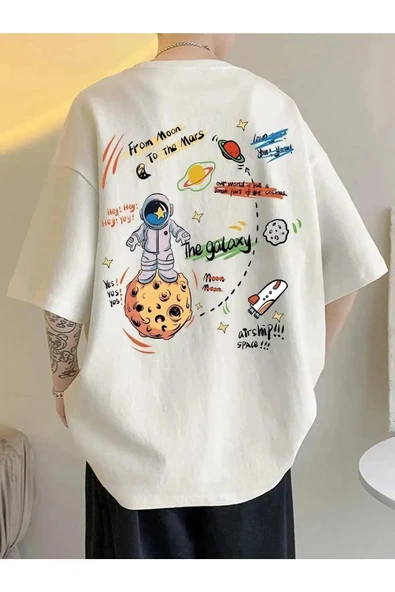 BLACK NİCE Unisex Beyaz Arkası Gezegen Baskılı Oversize Bisiklet Yaka beyaz siyah Tshirt ürün görseli 1