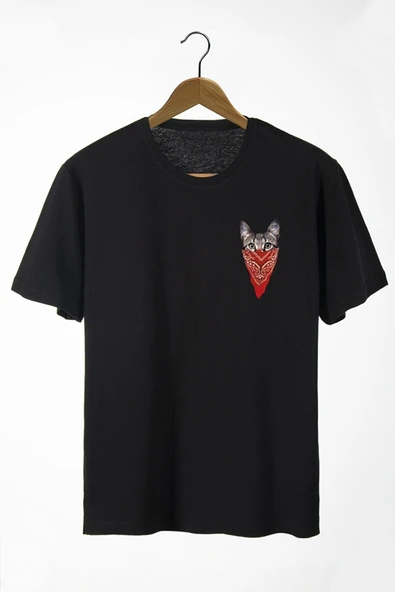 Pasage Erkek Siyah Maskeli Kedi Baskılı Bisiklet Yaka Oversize Rahat Kalıp Basic T-shirt ürün görseli 1