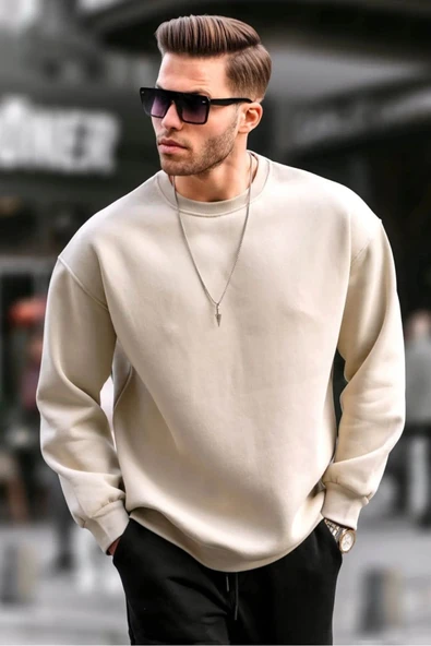 CAST COLLECTİON Erkek Bej Oversize BisikletYaka Sweatshirt ürün görseli 1