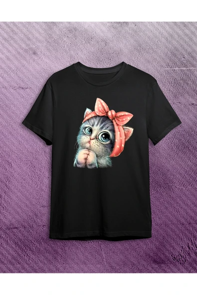 Benin Sevimli Kedi baskılı kadın T-shirt - Siyah-stk1042 ürün görseli 1