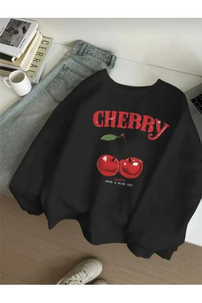 KOZİA OUTDOORS CHERRY baskılı oversize unisex basic sweatşhirt ürün görseli 1