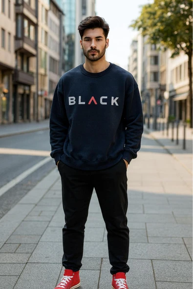 KOZİA OUTDOORS BLACK bisiklet yaka baskılı oversize erkek sweaşhirt ürün görseli 1